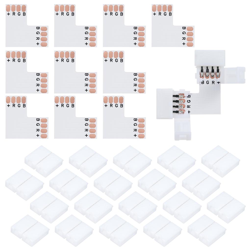 10Pcs LED Strip Connectors L Shape 4-Pin with 20Pcs Connector Clips for RGB SMD 5050 3528 LED Light Strips