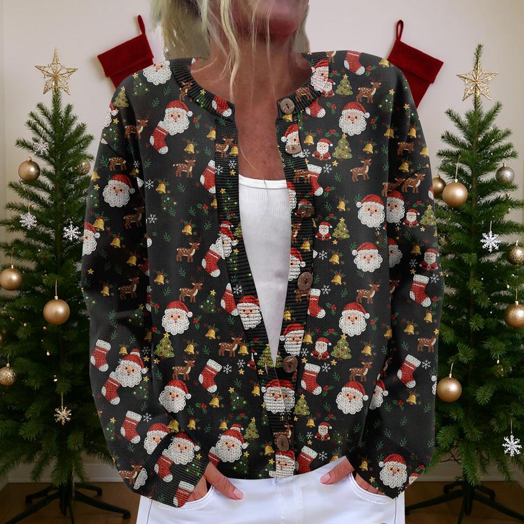 Dames Cardigan Langermet Lett Jakke med Morsomt Juleprint