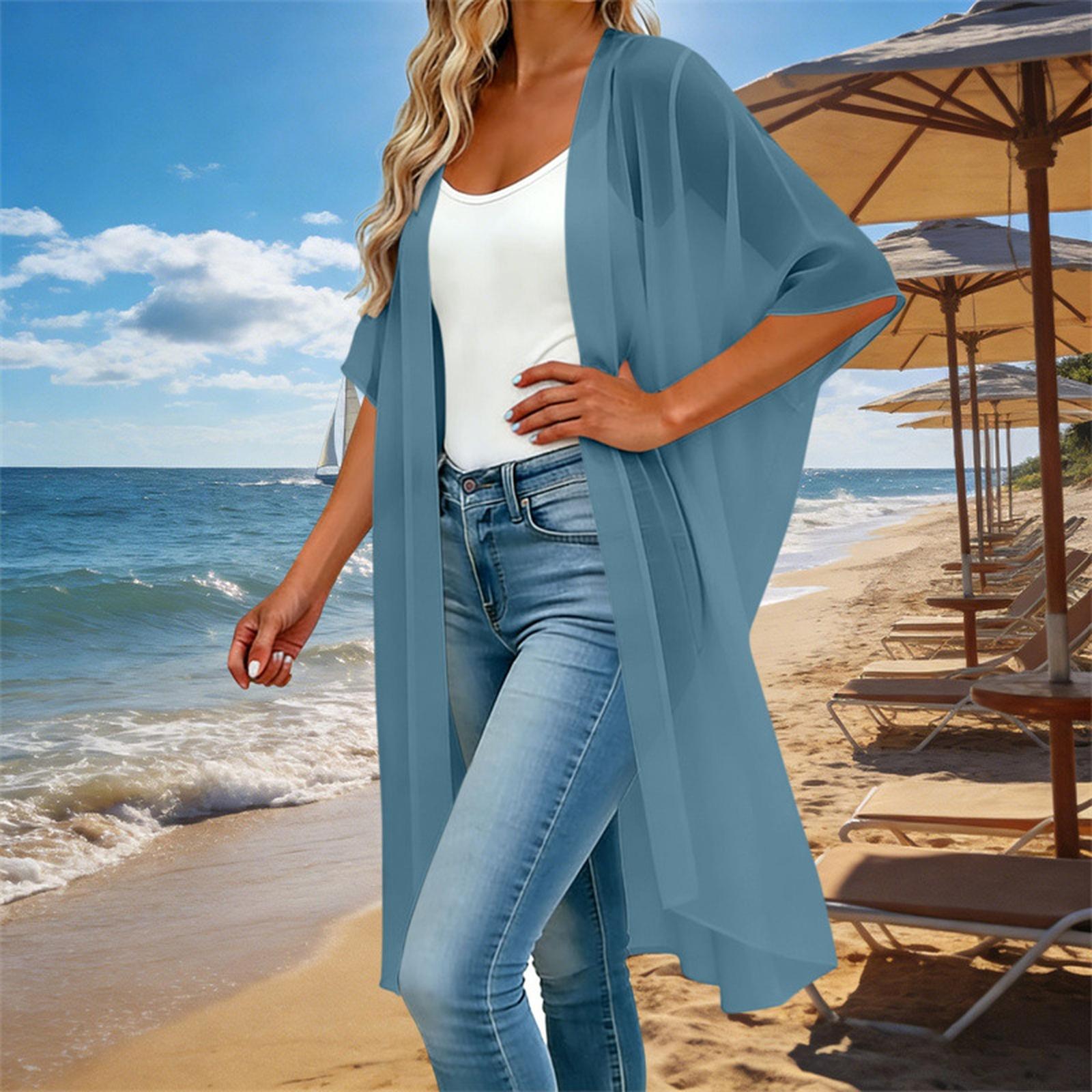 Viper Dameslosvallende Open Voorkant Korte Mouw Cardigan Lichte Chiffon Blouse Casual Laagjes Top voor Zomer Lente L blauw