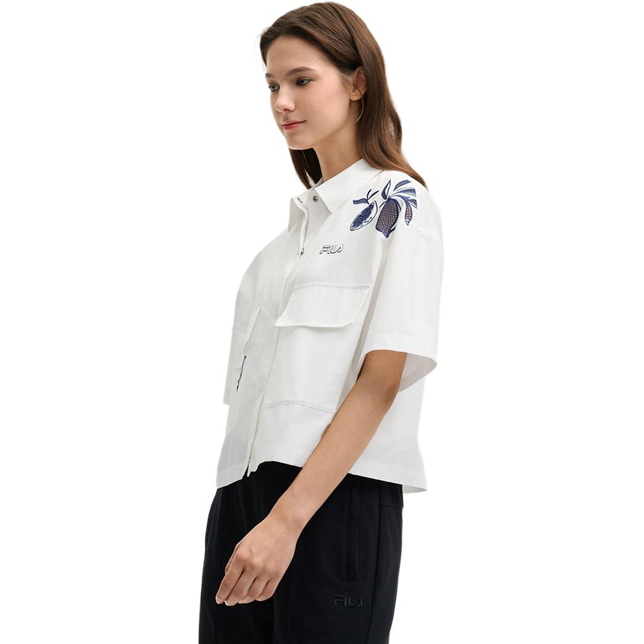 Fila SS25 Heritage Letter Woven Loose Fit Drop Shoulder Short Sleeve Shirt Women Shirts Cloud-Mushroom-White F11W528708F-WT