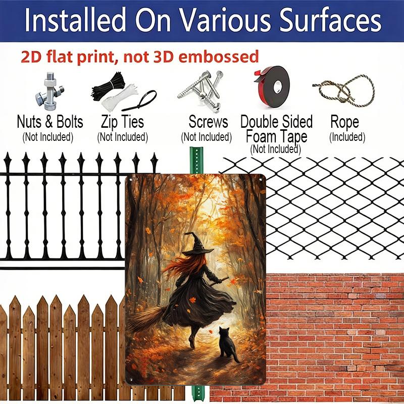 2D Flat Vintage Autumn Forest Witch with Black Cat Aluminum Metal Sign‑8.0x12.0inch Halloween Wall Decor, Witch Broom Fall Maple Leaf Art Plaque