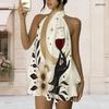 Women Plus Size Halter Backless Fake Two Piece Dress Mystical Moon Flower Wine Glass Print Mini Dress