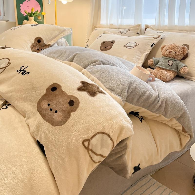 Thickened Milk Fleece Four-Piece Set, Coral Flannel Quilt Cover, Double-Sided Fleece Bed Sheet Quilt Cover, Bed Hat Three-Piece Set