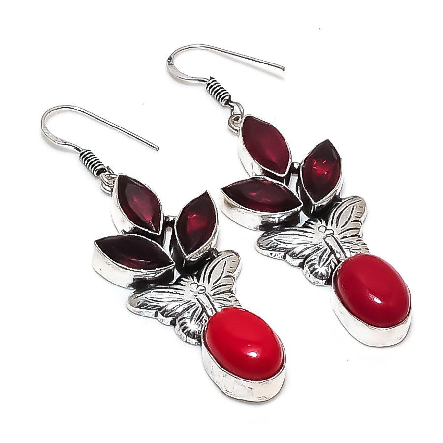 Natural Italian Red Coral, Garnet 925 Sterling Silver Jewelry Earring 2.44" G3R88