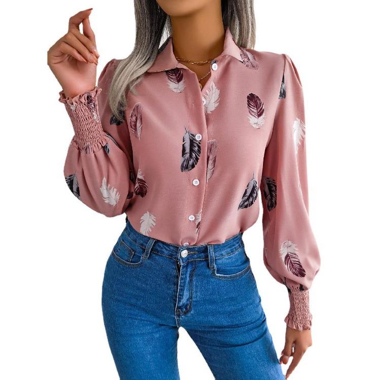 Ladies Fashion Women Polo Shirt Single Breasted Feather Lantern Sleeve Tops Spring Summer Temperament