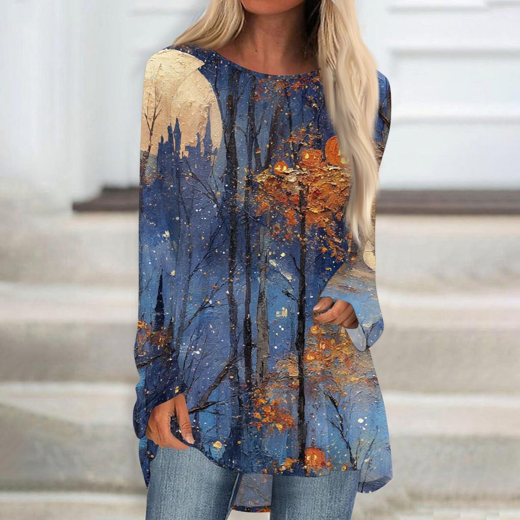 Women's Halloween Printed Long Sleeve Round Neck T-Shirt Mid-Length Casual Top