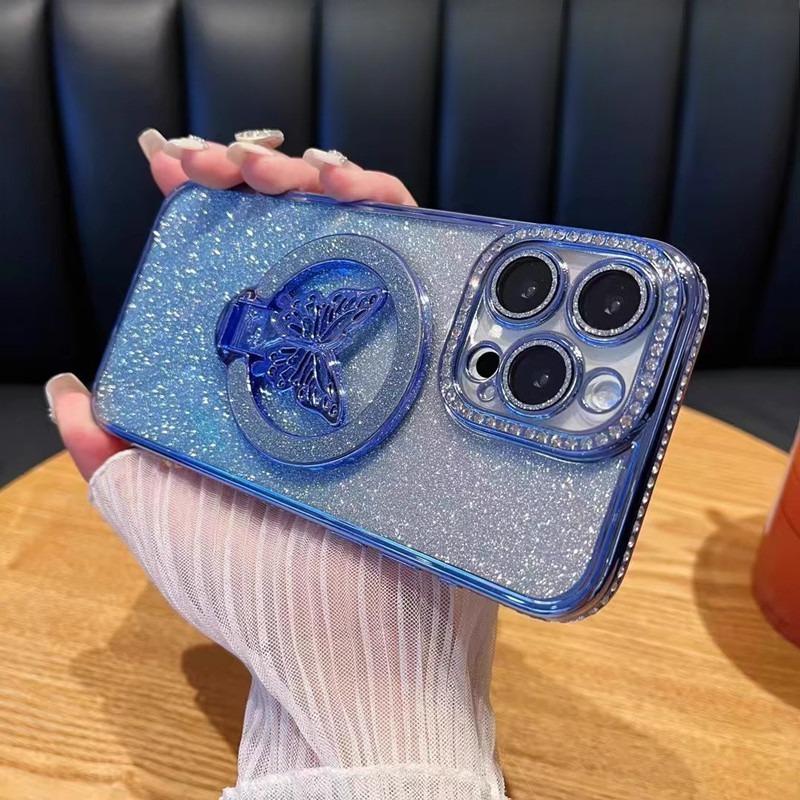 Suitable for IPhone17 Water Diamond Glitter Butterfly Stand Phone Case Magnetic Anti Drop Protective Case for IPhone 16pro I15
