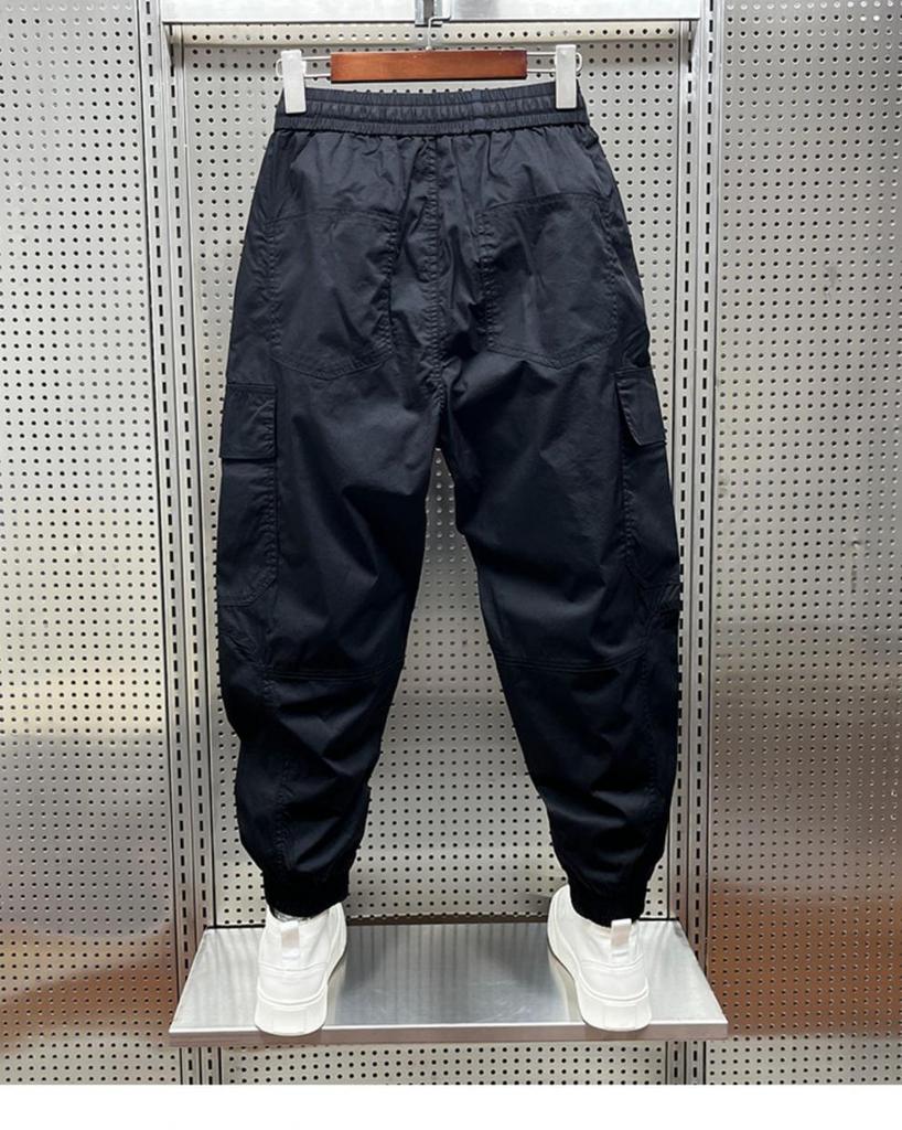 Men's Tapered Quick-Dry Elastic Cargo Pants with Drawstring, Multi-Pocket, Casual Trendy 9-Point Style for Spring and Autumn.
