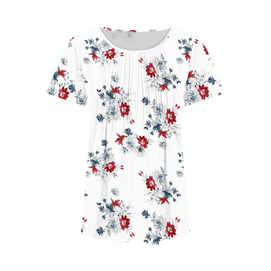 Women's Fashionable Casual Pleated Round Neck Printed Short Sleeved T-shirt Top