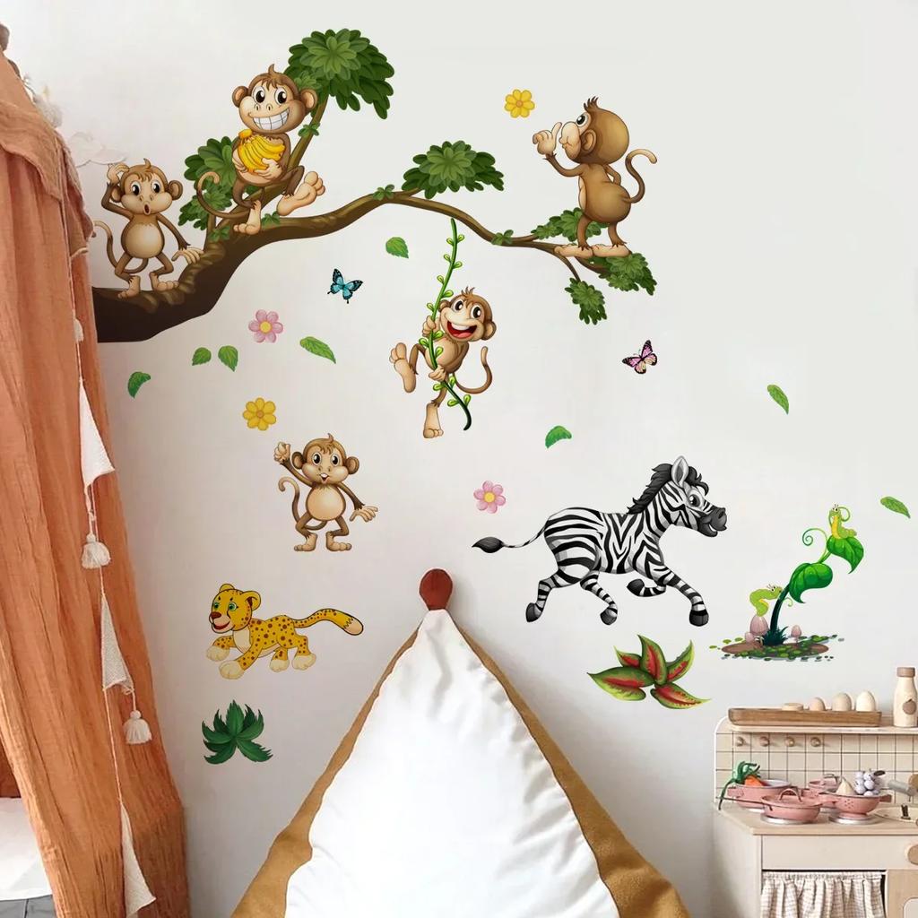 Jungle Animals Lion Monkey Tiger Animal Wall Sticker for Kids Rooms Baby Wall Sticker Bedroom Decor Wall Art Childrens Wallpaper