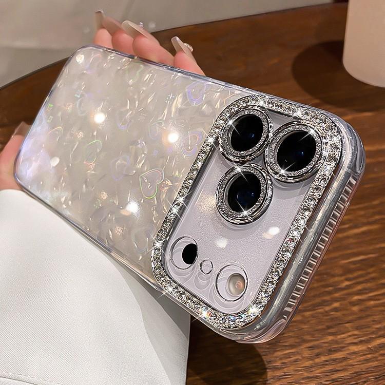 Lux Rhinestone Apple Pro Max Case - Heart Pattern, Full Lens Coverage