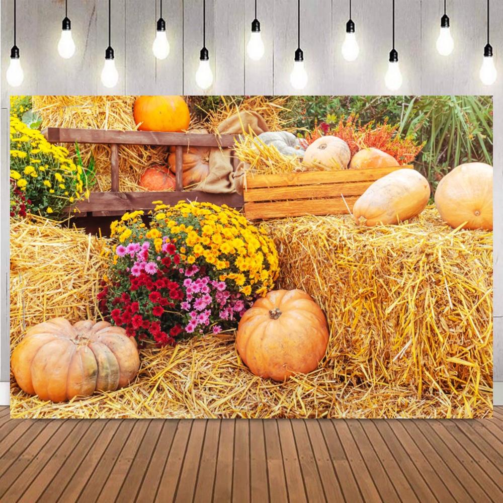 Autumn Harvest Photography Backdrop Pumpkins Sunflower Yellow Maple Leaves Fall Thanksgiving Day Party Decor Photo Backgrounds12