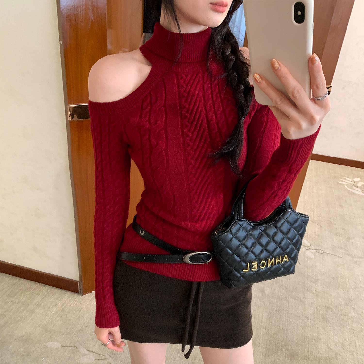 2025 Women s Red Off-Shoulder Turtleneck Sweater - High-End Autumn/Winter Style Medium