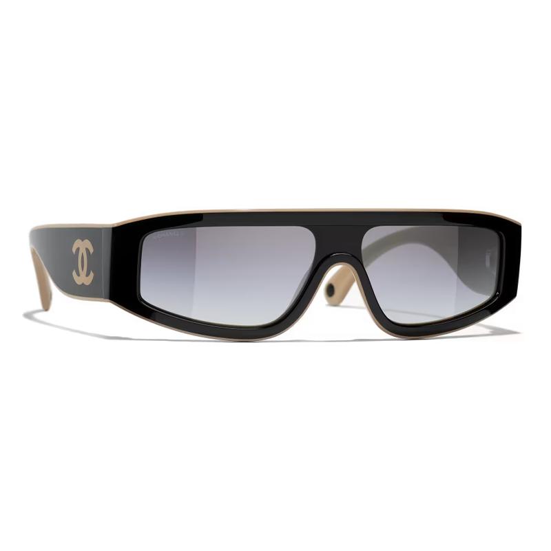 Chanel Occhiali da Sole Donna con Montatura Irregolare Decorata a Motivo Logo Nero Beige CH6057-C534/S6
