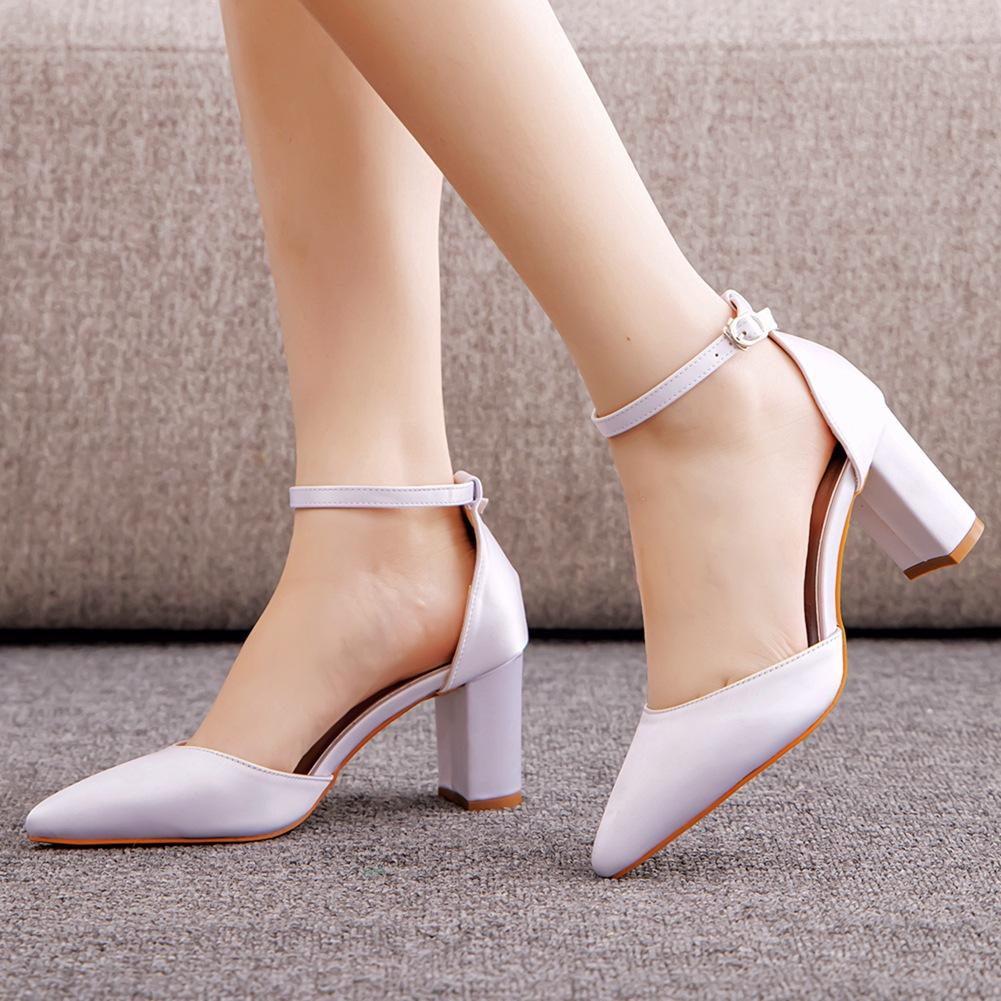 7cm Thick Heel Pointed Sandals for Spring Square Heels Light Mouth Women's Sandals White Satin Cloth Bridal High Heels Large Size