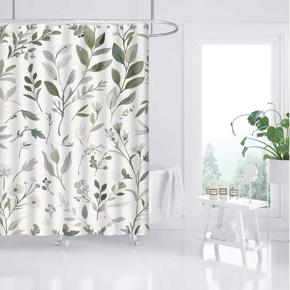 Single Nordic Green Leaf Digital Print Shower Curtain - Waterproof, Ideal for Bathroom Decor & Toilet Partition