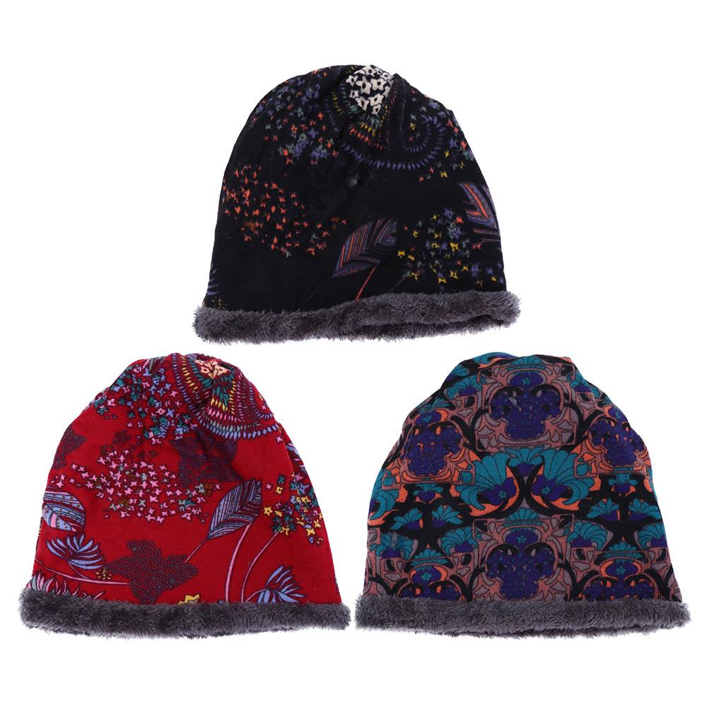 Fashion Autumn Print Flower Soft Plus Velvet Warmer Bib Hats Women Hat Velvet Bonnet Beanie
