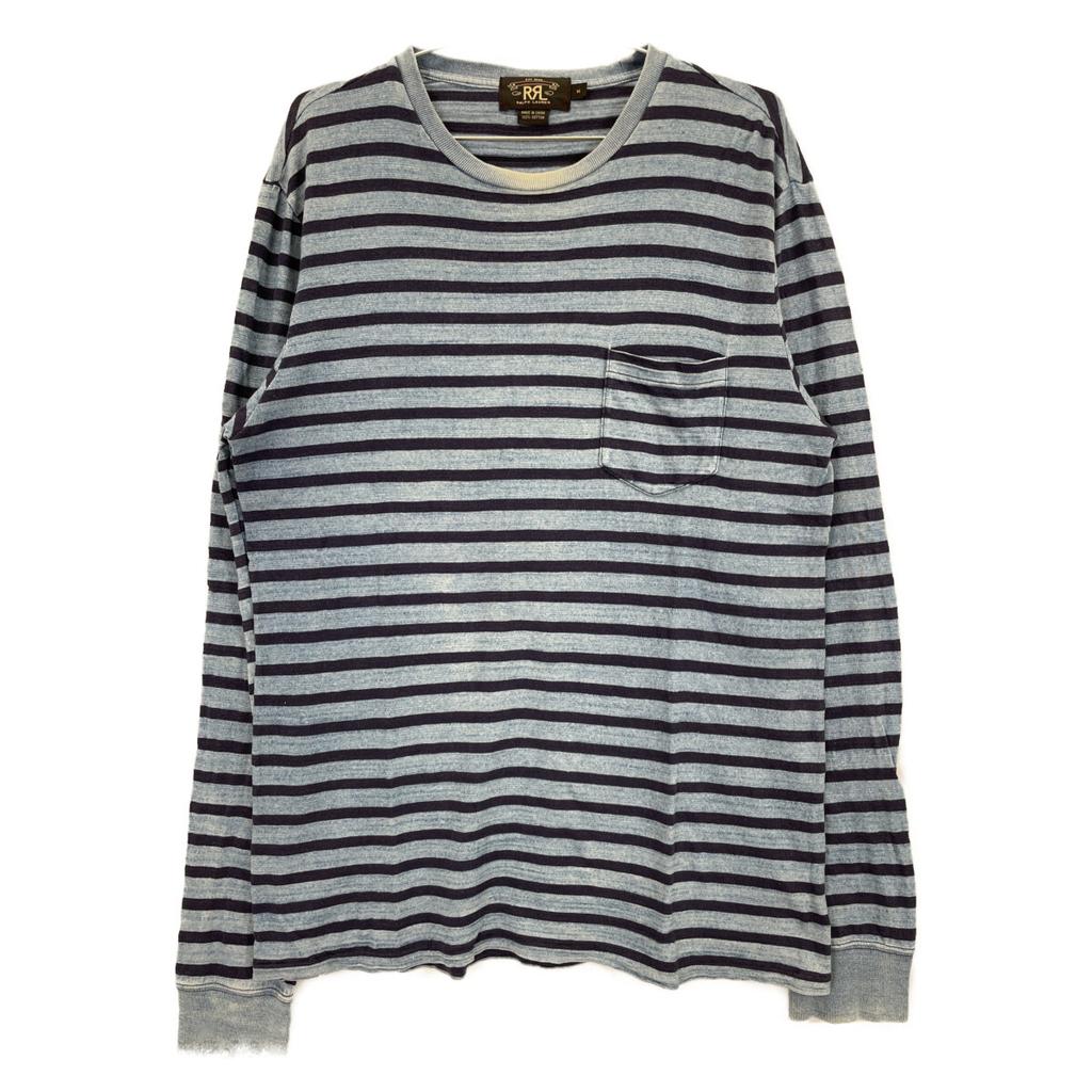 RRL Indigo X Blue Border Cotton Long Sleeve T-Shirt Tops M Indigo X blueUsed