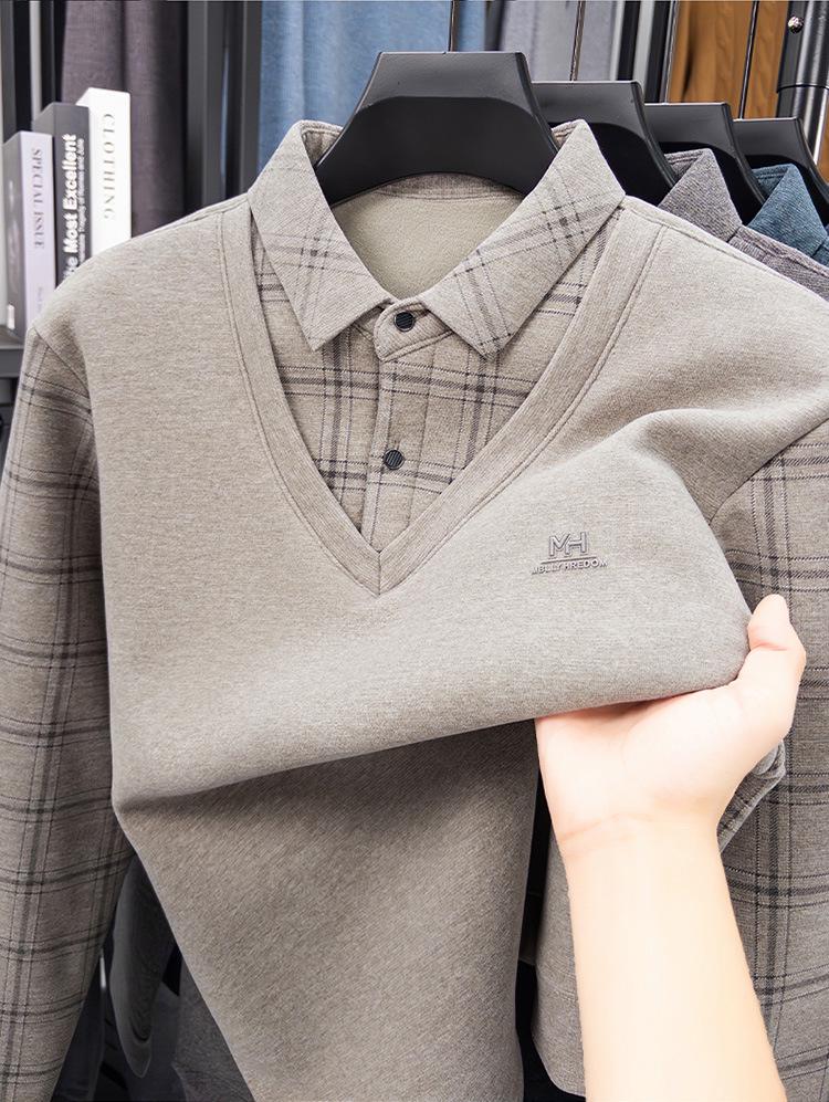 Men's Wool & Silk Two-Piece Look Sweater, Turn-Down Collar, Plus Velvet Lining, Warm Knitted Winter Wear for Dad