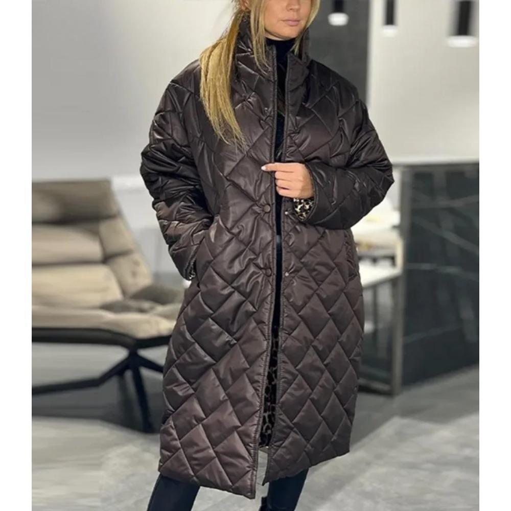 Jachetă Lungă Matlasată Solidă de Modă Femei Largă Rever Un Singur Rând Stradă Palton Călduros Toamnă Iarnă Lady Îmbrăcăminte Exterioară