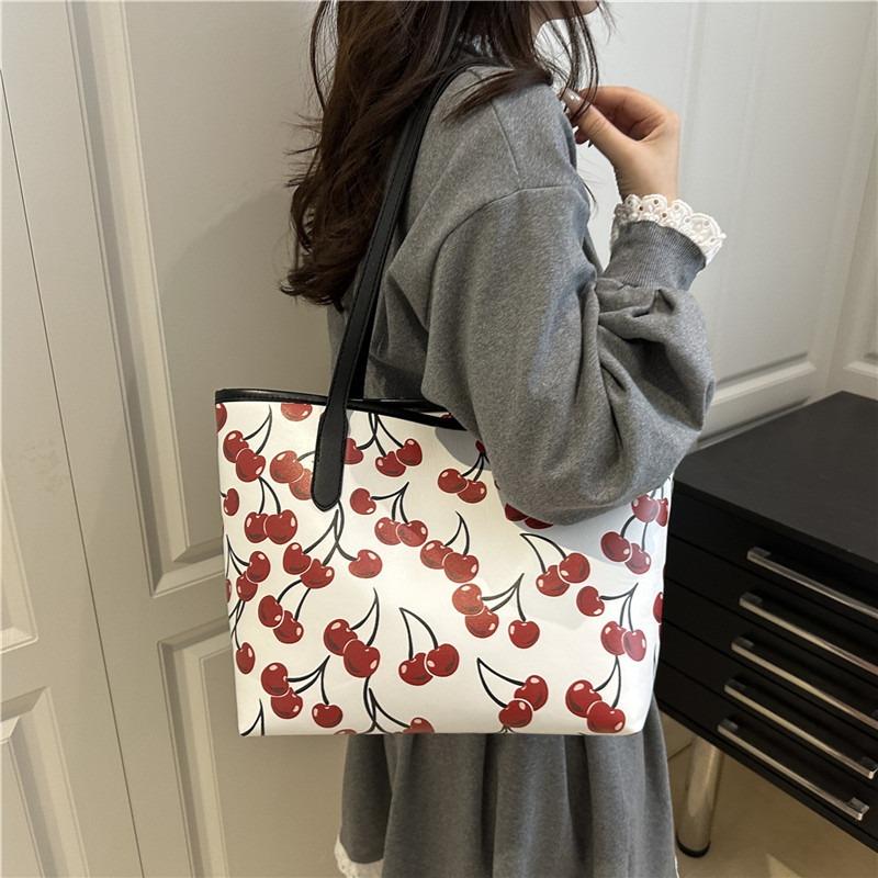 Cherry print tote bag versatile large capacity new commuter fashion high sense messenger shoulder bag handbag