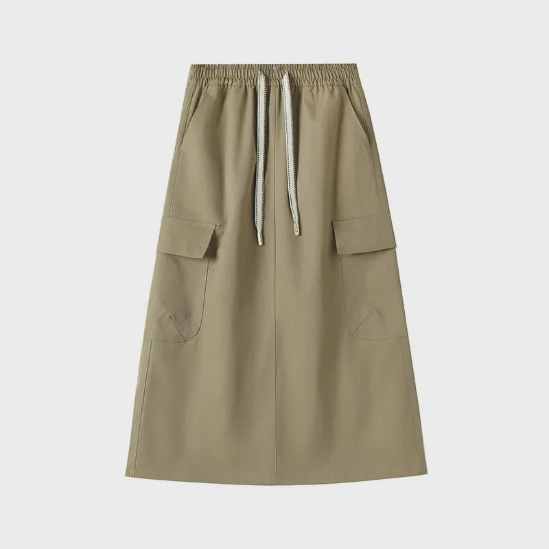 Women's American-Style A-Line High Waist Skirt with Pockets - Solid Color, Mid-Length, Slim Fit, Split Design for Spring/Summer 2025