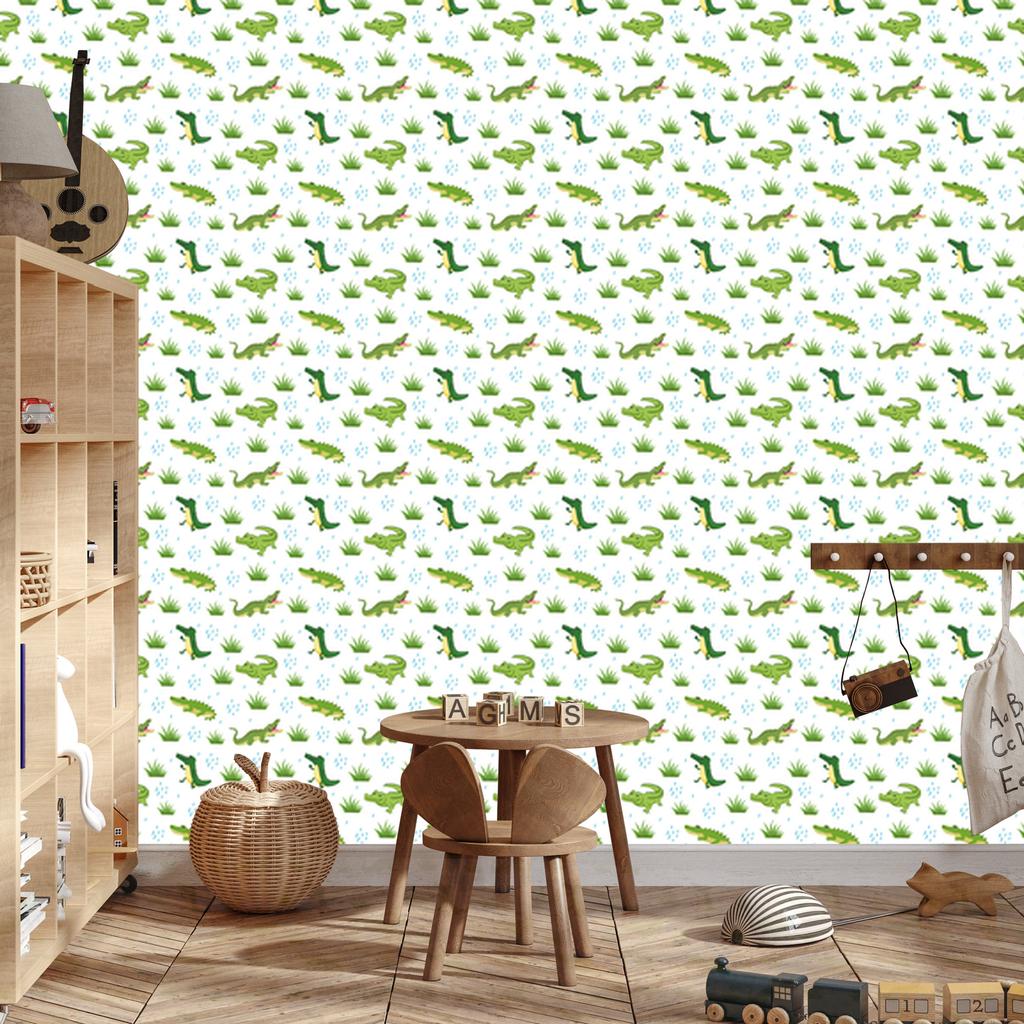Crocodile wallpaper white, lime, light gray and green 50x1000