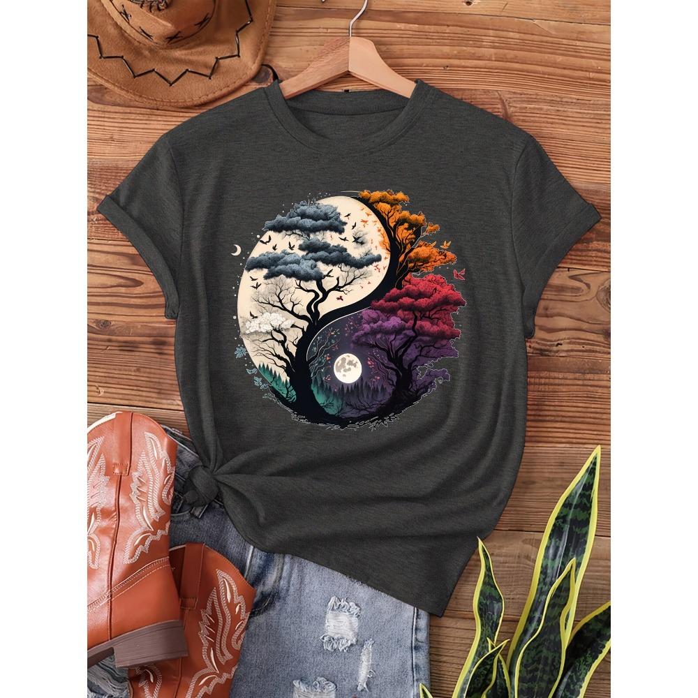 

Women Casual Cotton Short Sleeves T-shirts Yin Yang Tree Of Life Women s Tee Nature Graphic Casual Boho Spiritual Top S