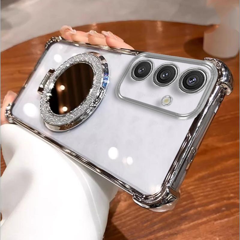 Glitter Mirror Holder Case For Samsung S25FE A56 A36 A17 A07 A26 A25 A55 A54 A35 A34 A15 A14 A73 A06 Shockproof Stand Soft Cover