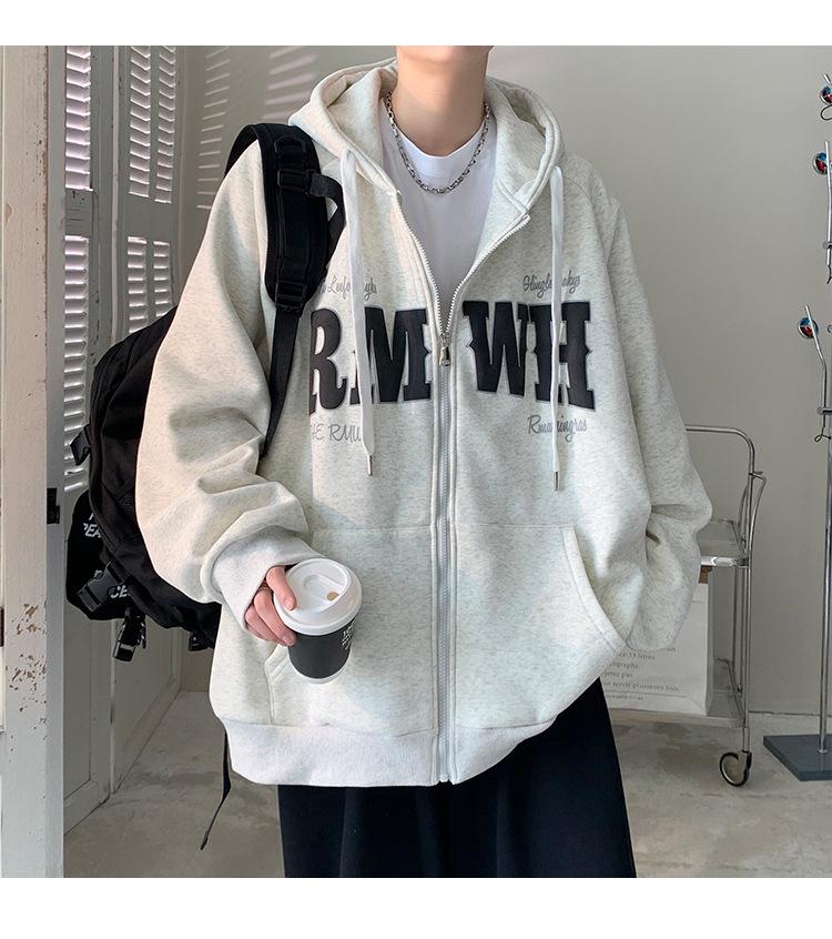 

Men s American Letter Print Cardigan Hoodie - Trendy Spring/Autumn Design, Casual Plus Velvet Jacket 4XL