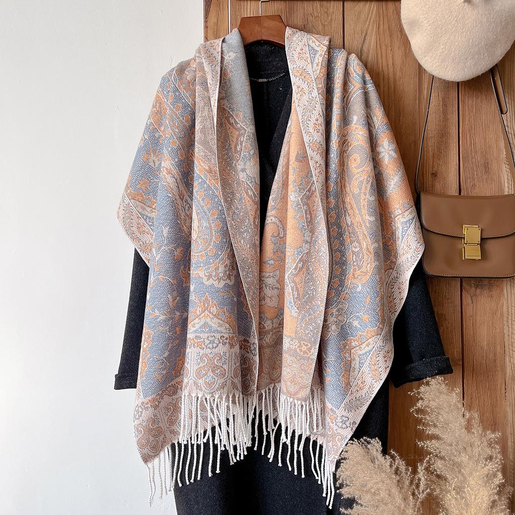 Brand Fashion Women's Winter Cashmere Wrap - Vintage Oil Painting Floral Printed Tasseled Pashmina Thick Shawl, Scarf & Echarpe