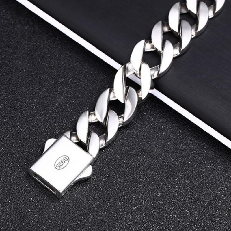 BOCAI S925 Sterling Silver Bracelets for Men Glossy 12mm Cuban Link Chain Flat Wide Bangle Fashion Jewelry