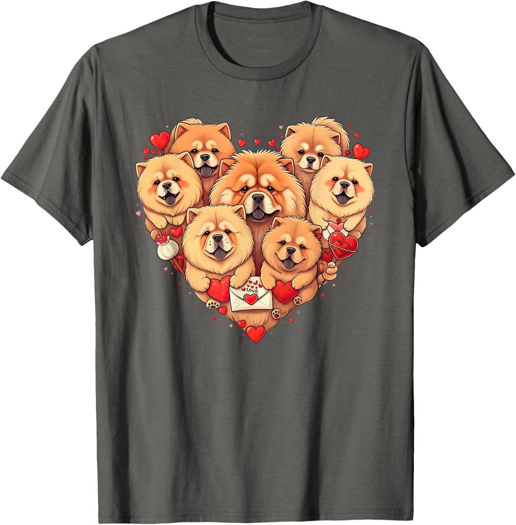 Chow Chow Heart Valentine Dogs Graphic Tee Short Sleeve Crewneck Casual Cotton T-Shirt for Men Women