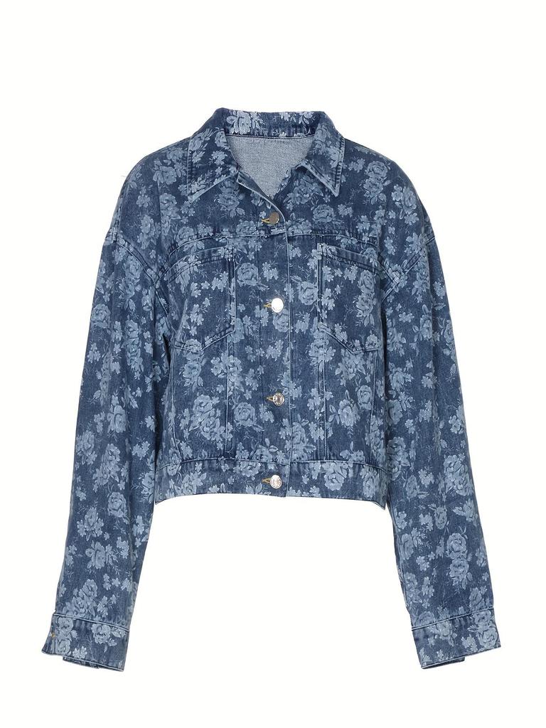 Dámská džínová bunda s květinovým potiskem - Evropská & Americká Jarní/Podzimní Ležérní Jednobarevná