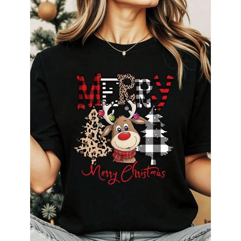 Casual Women Christmas T Shirt Fashion Cute Deer Leopard Christmas Tree Print T-shirt Cartoon Printed Short Sleeve Female T-Shir