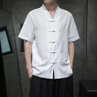 2024 Herren Baumwolle & Leinen Hanfu-inspiriertes Kurzarmhemd: Chinesischer Stil, geknöpft, große Größe, lässig