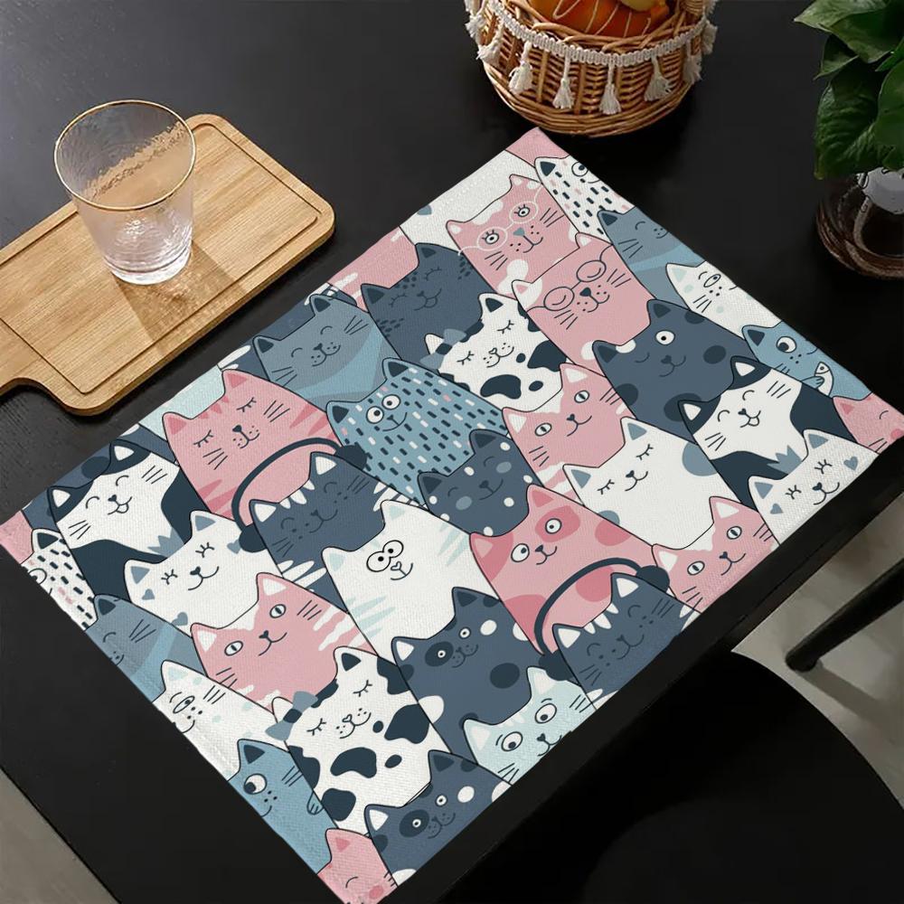 4Pc cute-cartoon-cats Placemat 30X45cm Coasters Pads Bowl Cup Mat