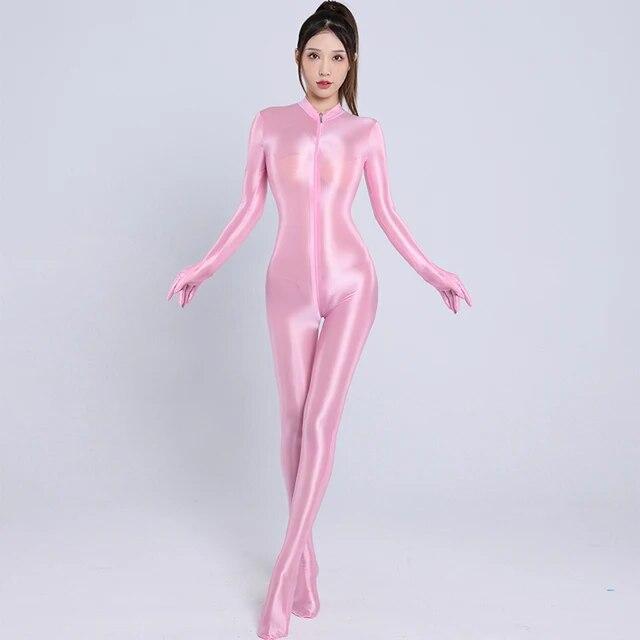 Erotic Jumpsuits Zipper Open Crotch Full Body Satin Oil Glossy Rompers Gloves Tights Shiny Sexy Bodysuit Women Club Party