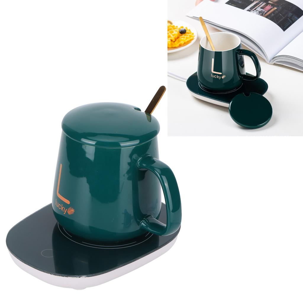 Constant Temperature Cup with Mug Warmer Thermostatic Coaster Mug and Warmer Pad CN (Green(Cup Lid Spoon Mat) )