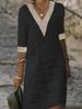 European and American autumn new solid color V-neck medium sleeve cotton and linen temperament elegant dress women
