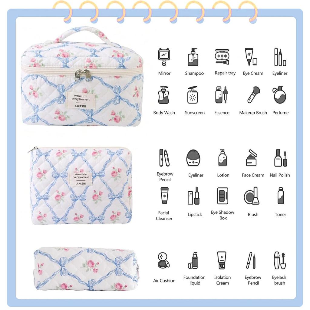 Cotton Quilted Floral Makeup Bag Set for Women and Cute Makeup Bag with Brush Large Toiletry Pouch Gift for Toiletry Accessories and Travel Essentials