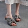 Johnature Peep Toe Bohemian Style Slippers Retro Lazy Style Genuine Leather Low Heel Women's Shoes