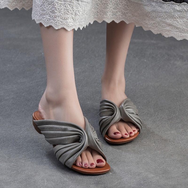Johnature Peep Toe Bohemian Style Slippers Retro Lazy Style Genuine Leather Low Heel Women's Shoes