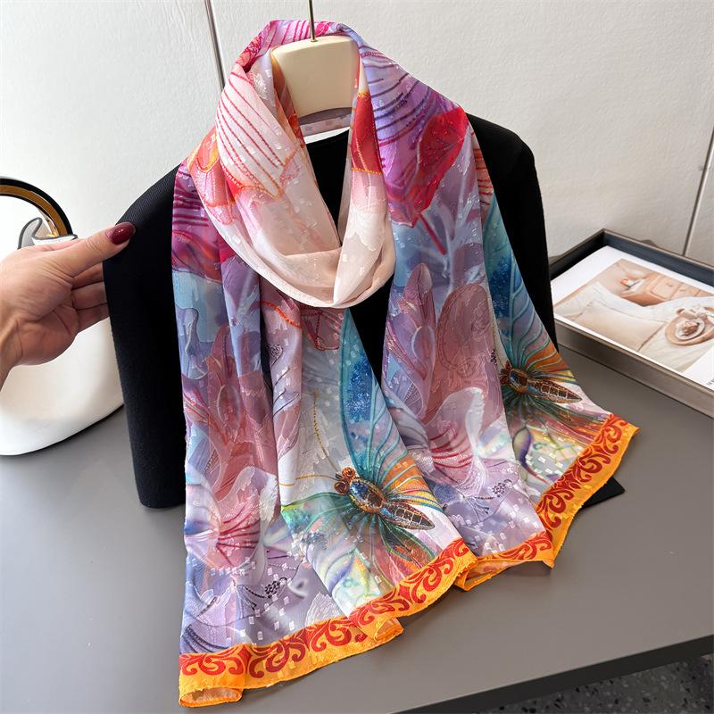 Scialle di Seta Lunga Grande Taglio Floreale Stampa Feihuayun Primavera Estate Sciarpa da Viaggio di Alta Gamma Protezione Solare Sciarpa da Donna Foulard