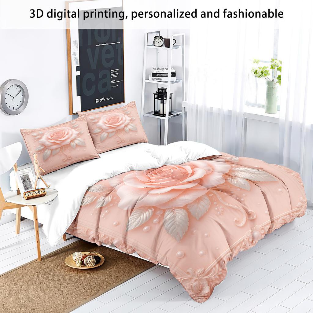 3pc Imitation 3D Pink Rose Print Coreless Bedding Set Soft and Comfortable Bedroom Dormitory Multiple Sizes Machine Washable