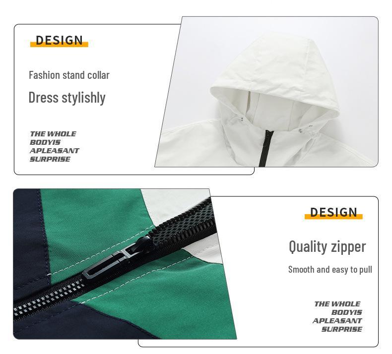 Unisex Korean-Style Color Block Baseball Jacket: Casual, Sporty, Hooded, Thin Windbreaker for Spring & Autumn with Long Sleeves.