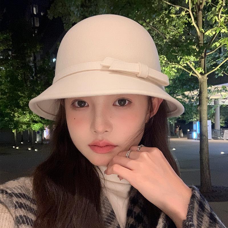 Autumn and Winter Bow Fashion Hat Hepburn Style Australian Wool Fisherman Hat French Retro Small Fragrance Elegant Top Hat