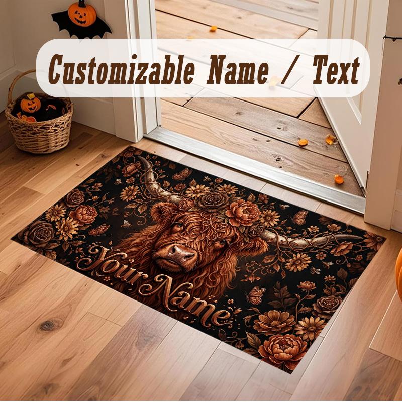 Highland Cow Theme Soft Crystal Velvet Rug Custom Name & Text Print Non Slip Floor Rug for Bedroom Living Room