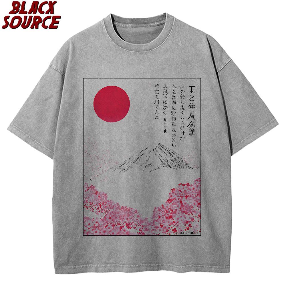 T Mount Fuji Cherry Blossoms Prints Washed TShirts Womens Cotton Short Sleeve Tops Summer ONeck Oversized T Shirt Basic
