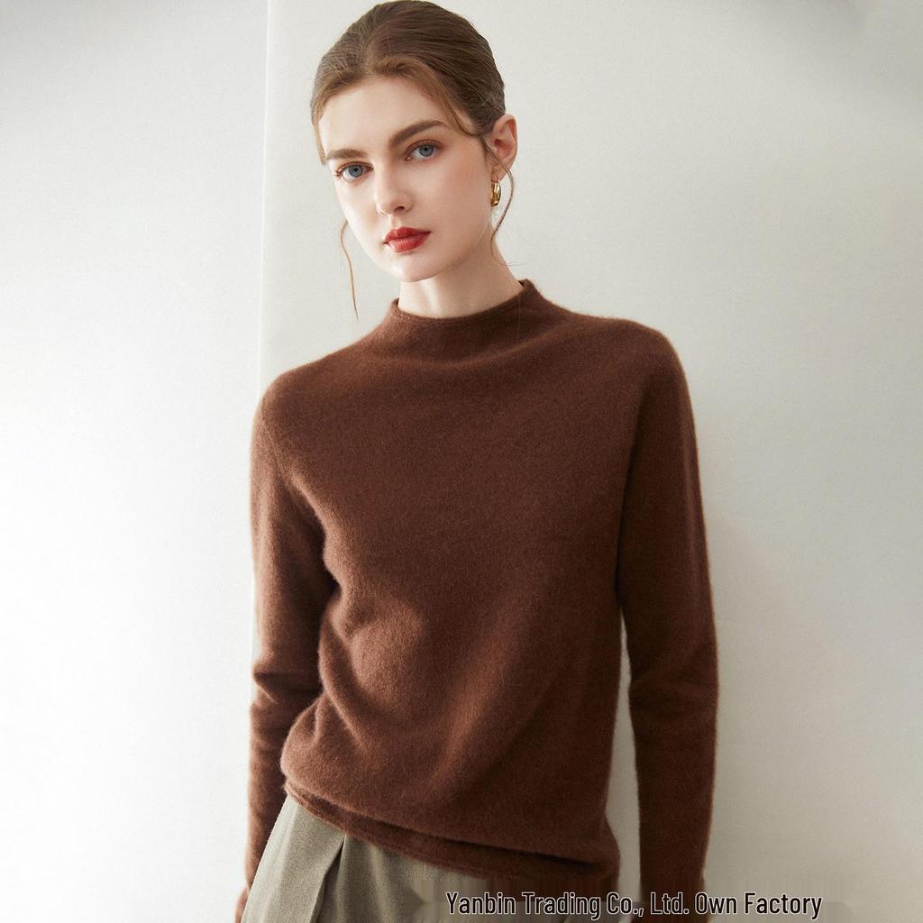 Women's Pure Cashmere Half-High Collar Rolled Hem Sweater - Soft, Versatile, and Warm Knitted Pullover